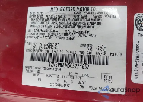 2012 Ford Mustang V6 from USA, damaged, VIN 1ZVBP8AM5C5274657